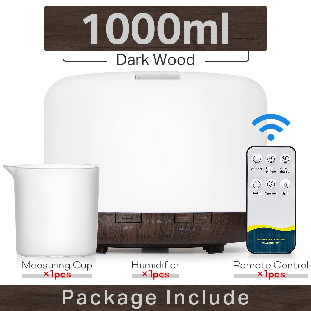Transform Your Space with the Air Humidifier Essential Oil Diffuser - 300ML, 500ML, & 1000ML Options Featuring Remote Control and Soothing LED Lights