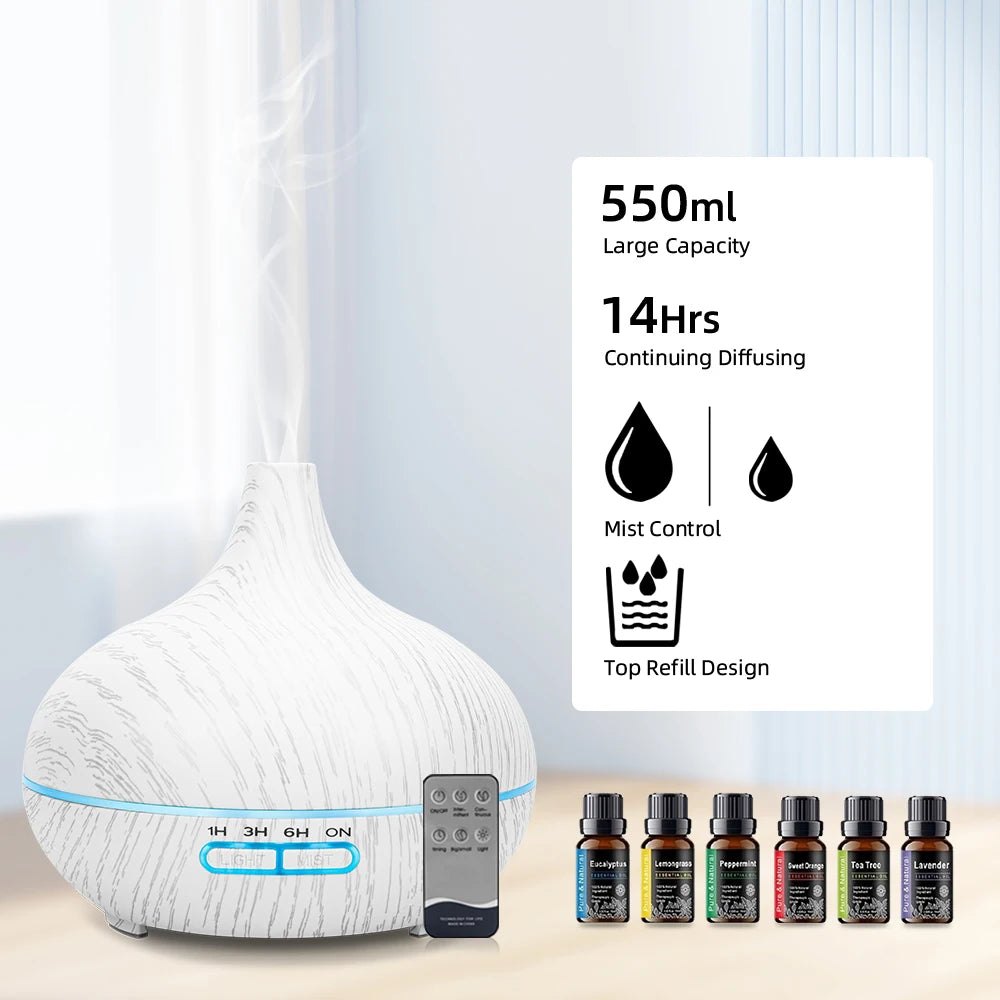 550Ml Wood Grain Essential Oil Diffuser & Ultrasonic Humidifier Remote Control, 6 Premium Oils Whisper Quiet