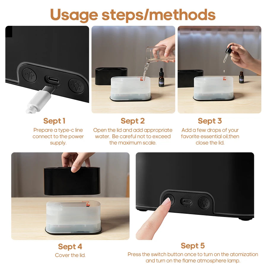 Mini Aroma Diffuser Realistic Flame Lights Aromatherapy Essential Oils Colorful RGB Air Humidifier Desktop USB Sprayer