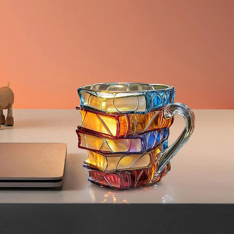 Painted Book Mug 11Oz Novelty 3D Painted Books Coffee Mug Unique Colorful Resin Books Stack Coffee Cup Collection Gifts