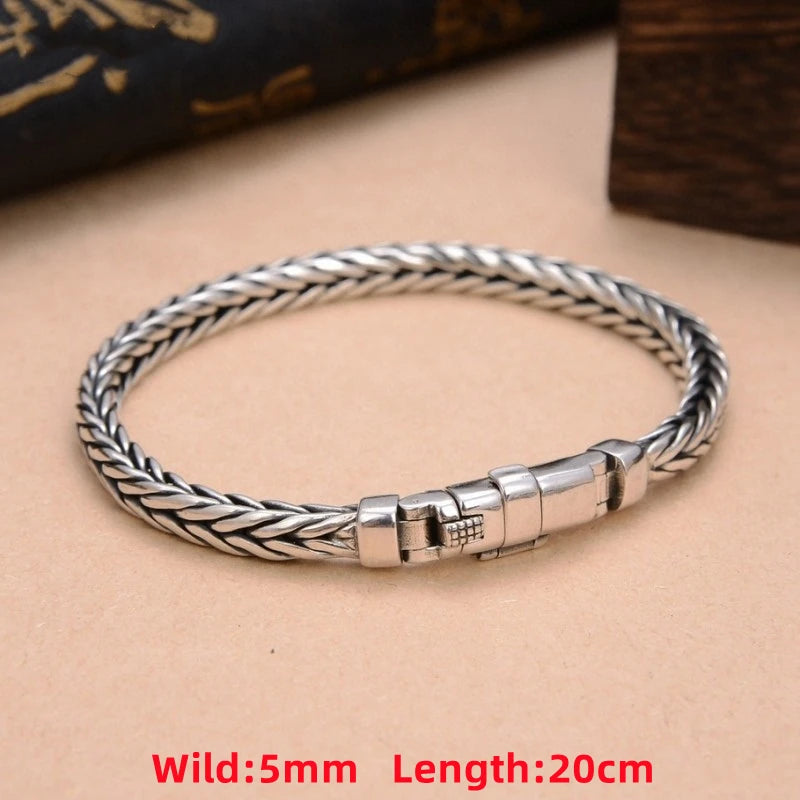 100% S925 Sterling Silver Handmade Woven Retro Domineering Style Personality Keel Man Woman Pure S925 Silver Bracelet Jewelry