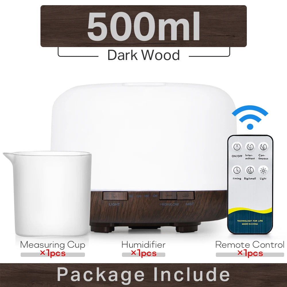Transform Your Space with the Air Humidifier Essential Oil Diffuser - 300ML, 500ML, & 1000ML Options Featuring Remote Control and Soothing LED Lights