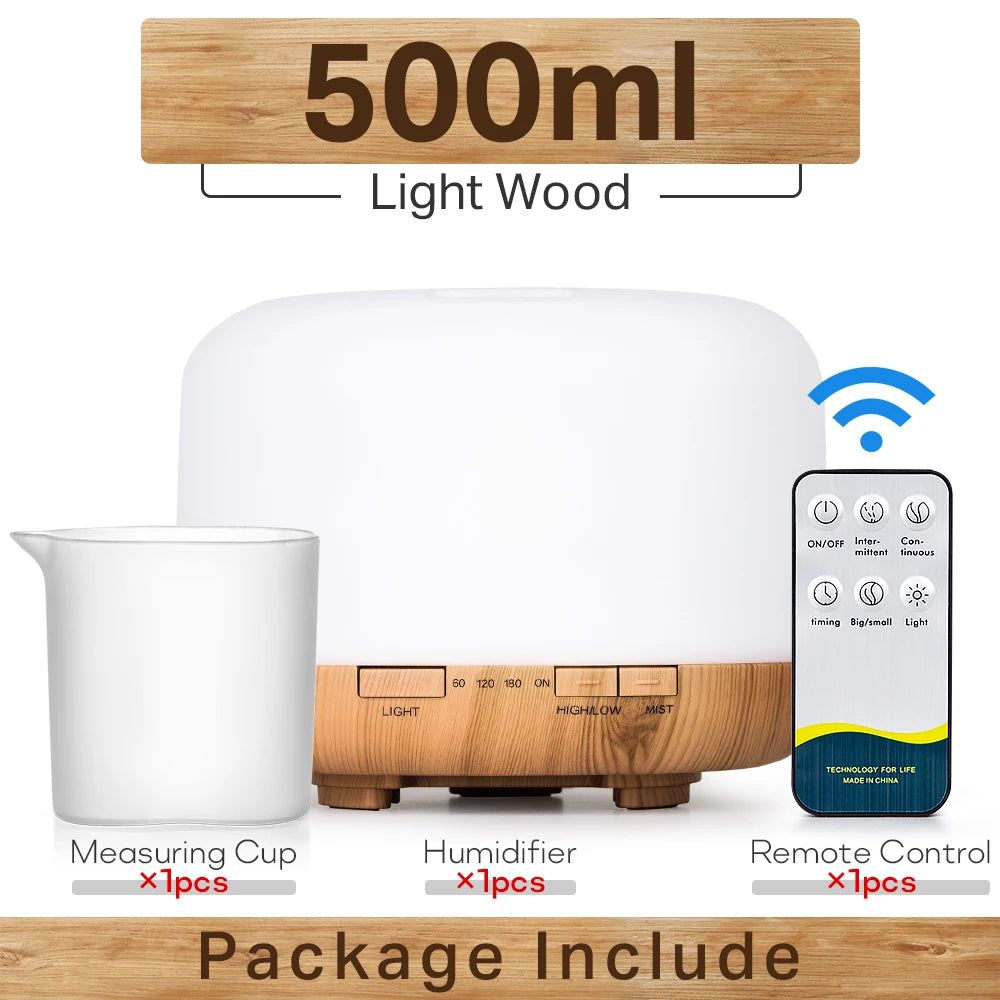Transform Your Space with the Air Humidifier Essential Oil Diffuser - 300ML, 500ML, & 1000ML Options Featuring Remote Control and Soothing LED Lights