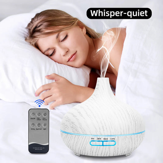 550Ml Wood Grain Essential Oil Diffuser & Ultrasonic Humidifier Remote Control, 6 Premium Oils Whisper Quiet