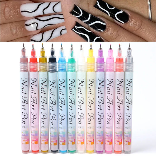 12Pcs/Set Nail Art Graffiti Pen Nail Marker Drawing Abstract Lines Fine Detail Floral Design Waterproof Nail Painting Manicure