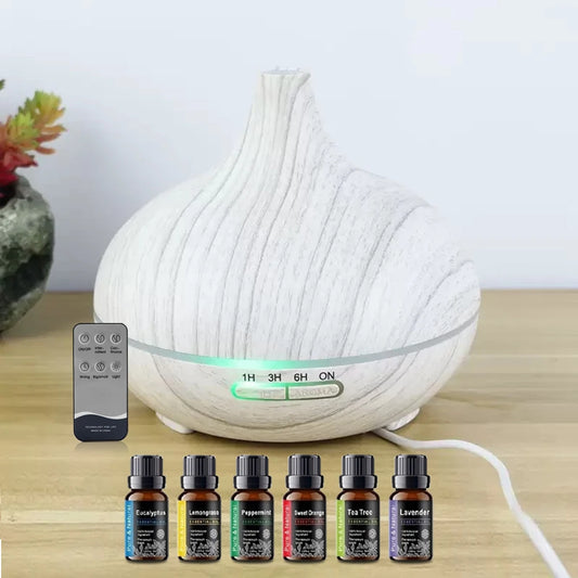 550Ml Wood Grain Essential Oil Diffuser & Ultrasonic Humidifier Remote Control, 6 Premium Oils Whisper Quiet