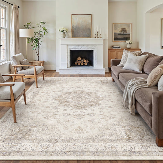 8x10 Vintage Persian Area Rug - Machine Washable, Non-Slip Design for Living Room, Bedroom, Dining Room, and Office - Beige Farmhouse Style