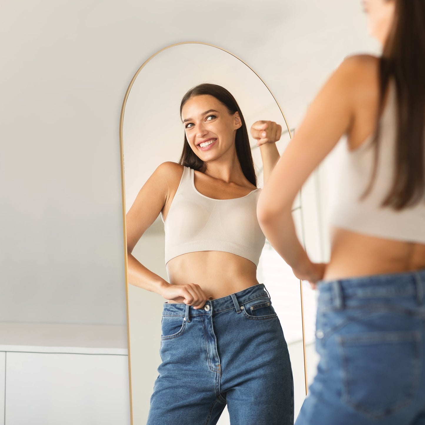 59"X16" High-Quality Arched Full Length Mirror, Aluminum Alloy Frame Ensures Stability, Standing Design for Bedroom, Gold