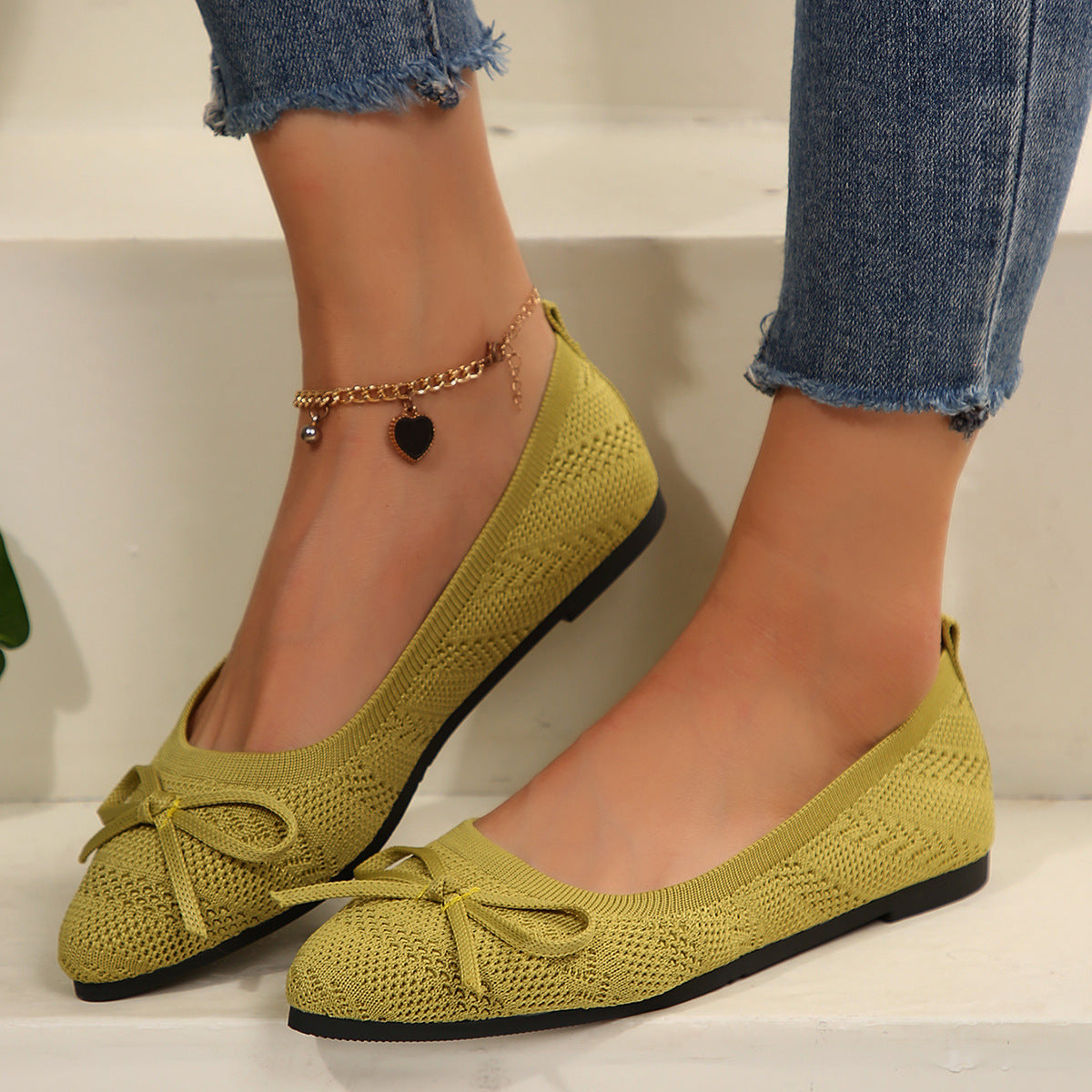 Bow Knitted Loafers Ins Fashion Pointed-Toed Flats Shoes for Women