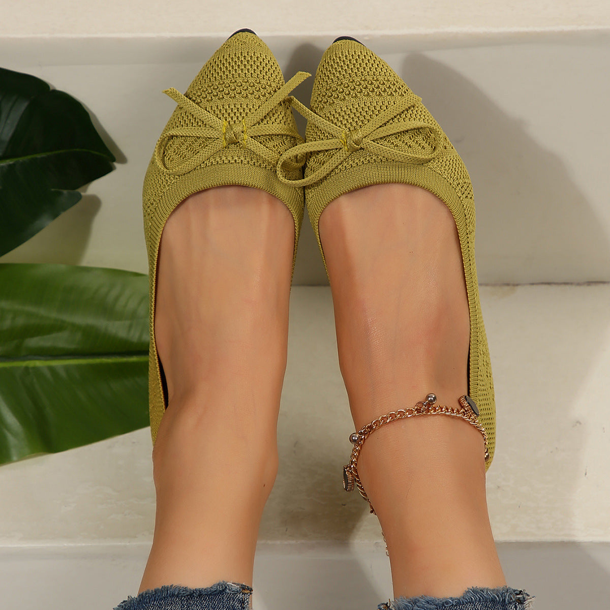 Bow Knitted Loafers Ins Fashion Pointed-Toed Flats Shoes for Women