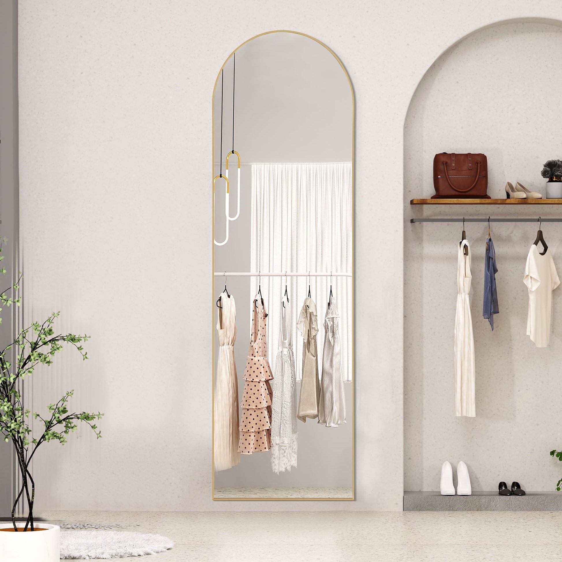 59"X16" High-Quality Arched Full Length Mirror, Aluminum Alloy Frame Ensures Stability, Standing Design for Bedroom, Gold
