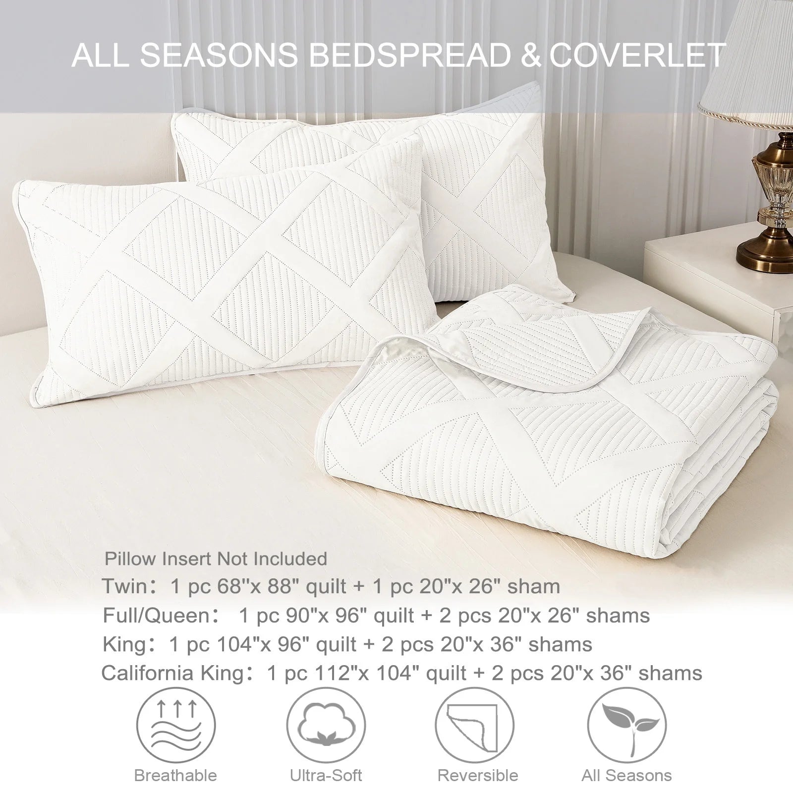 Exclusivo Ultrasonic King Quilt Set, 3-Piece Lightweight Modern Striped Bedspread in White