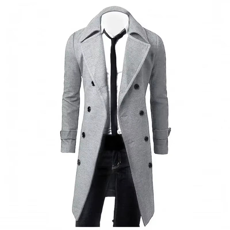 Mens Double Breasted Trench Coat Wool Blend 2025 Autumn Winter Solid Casual Slim Fit Long Jacket Wool Coat