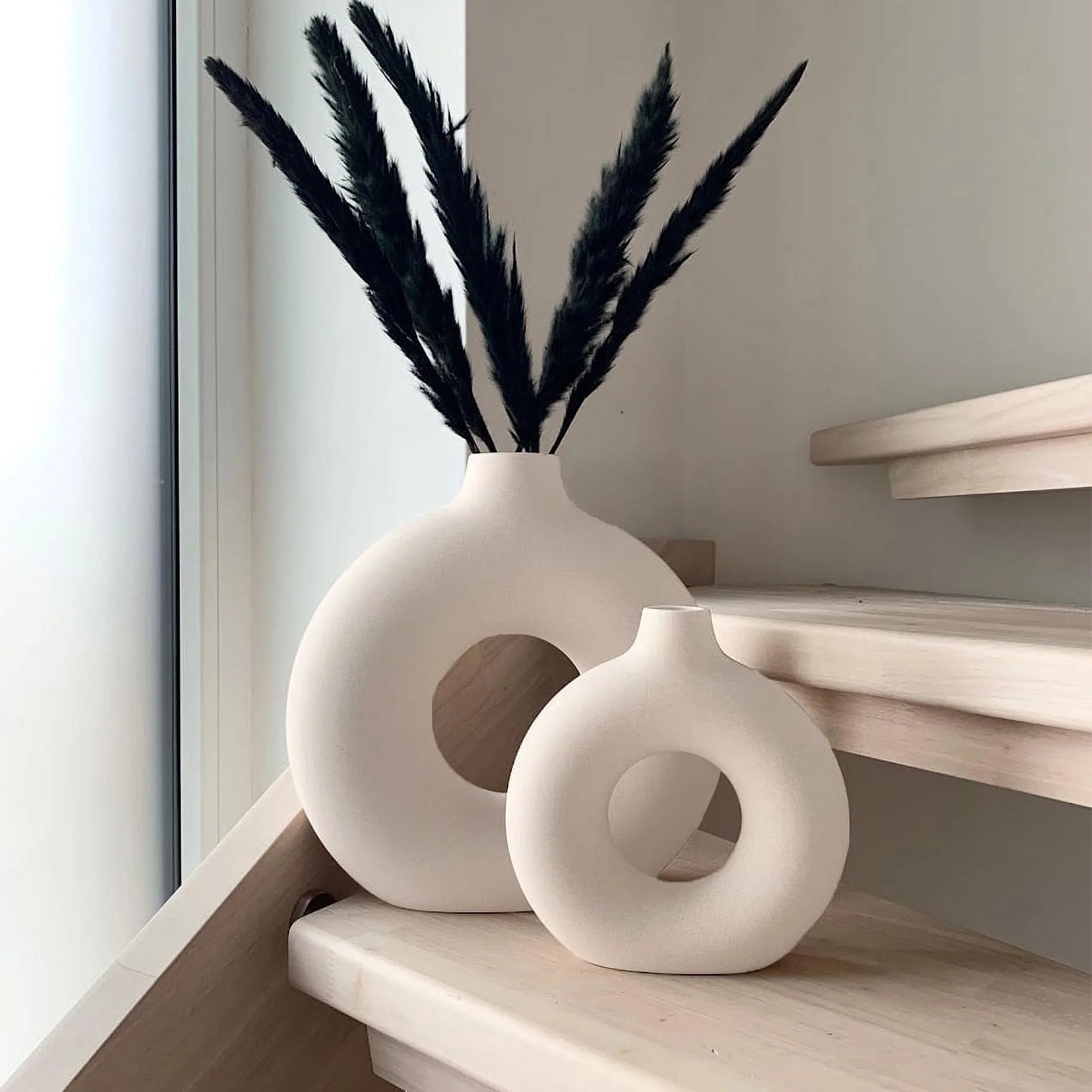 Set of 2 Modern Ceramic Donut Vases for Home Decor - White Farmhouse and Boho Decorative Vases for Bookshelf, Mantel, Table, and Fireplace