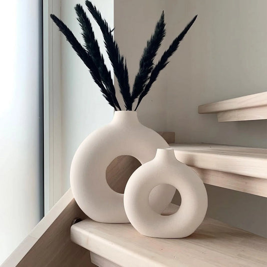 Set of 2 Modern Ceramic Donut Vases for Home Decor - White Farmhouse and Boho Decorative Vases for Bookshelf, Mantel, Table, and Fireplace