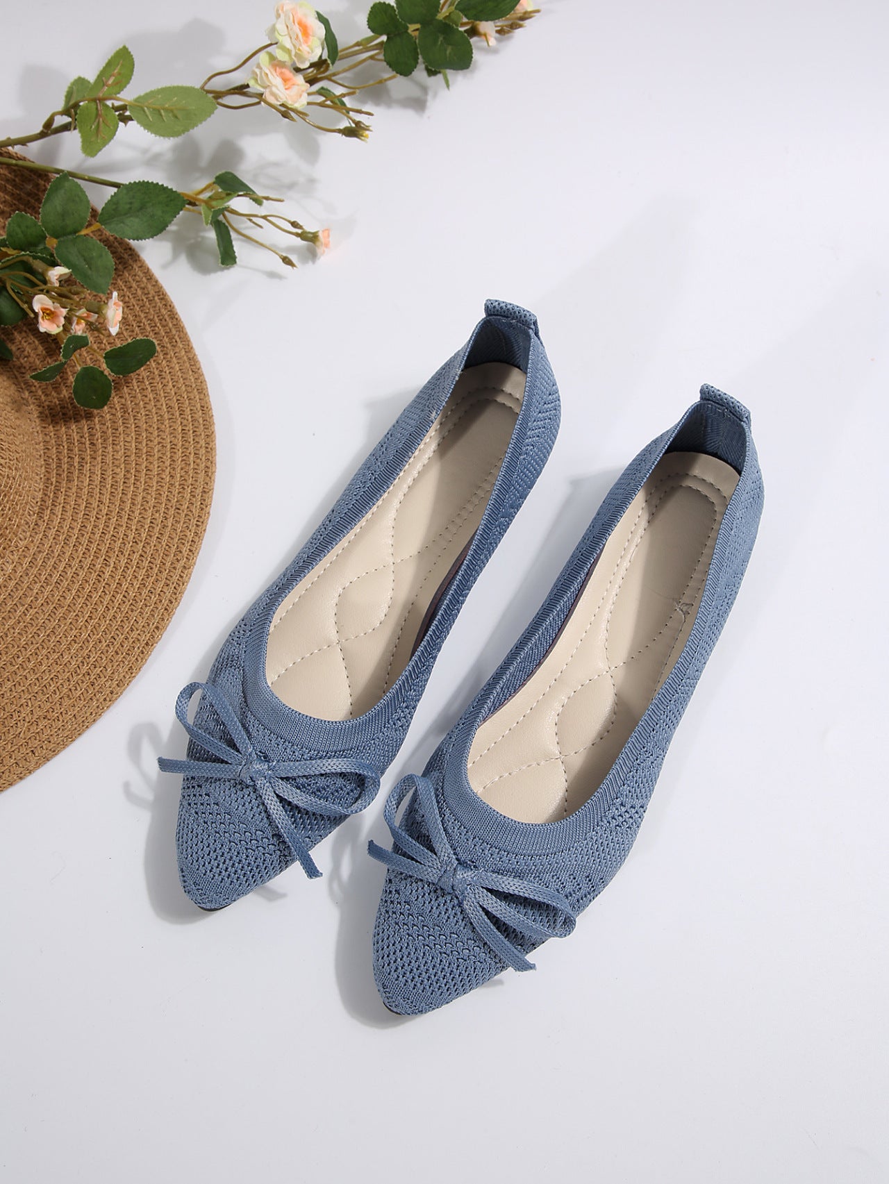 Bow Knitted Loafers Ins Fashion Pointed-Toed Flats Shoes for Women