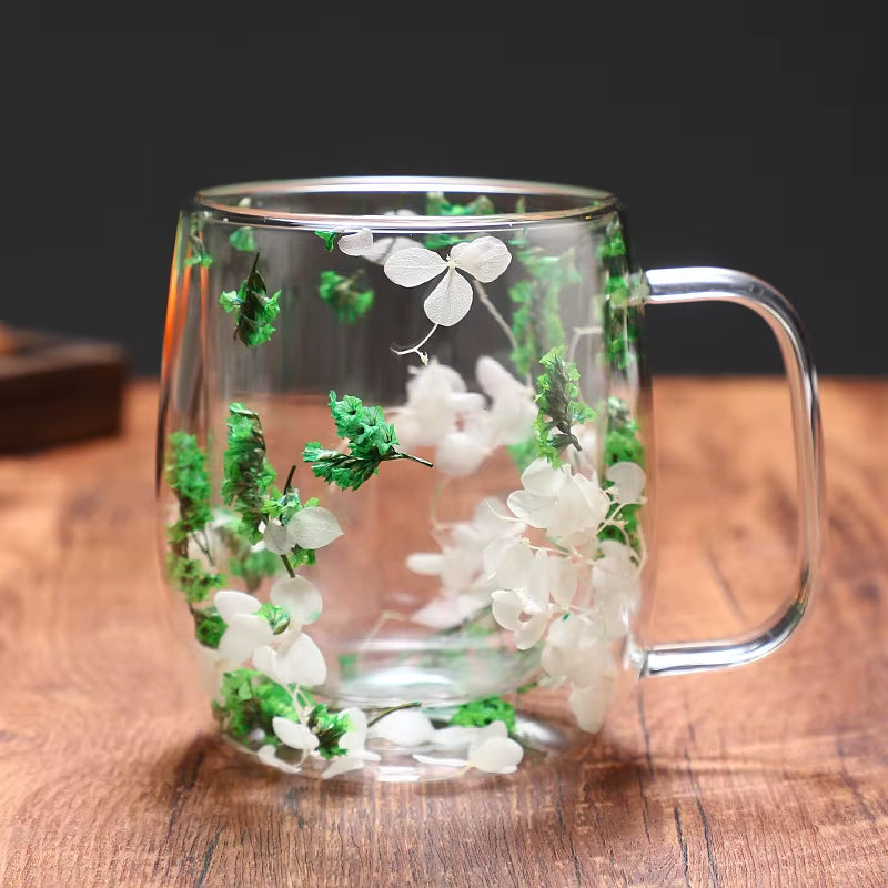 Double Wall Clear Glass Coffee Mugs Creative Clear Glass Cups with Handle Flowers Double Insulated Glass Cup for Hot Cold