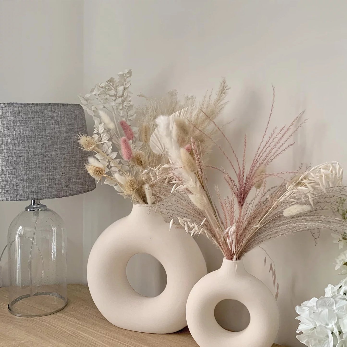 Set of 2 Modern Ceramic Donut Vases for Home Decor - White Farmhouse and Boho Decorative Vases for Bookshelf, Mantel, Table, and Fireplace