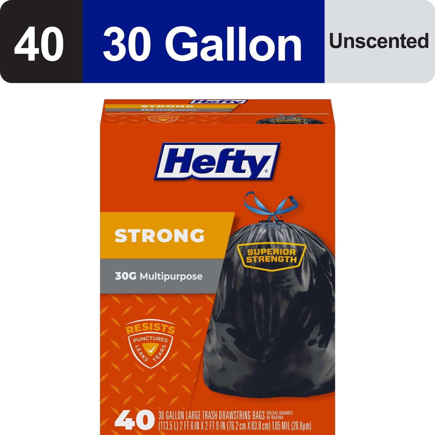 Strong 30-Gallon Large Trash Bags, Black, 40 Count, Made with 20% Post-Consumer Recycled Materials