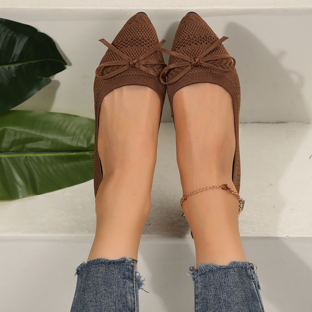 Bow Knitted Loafers Ins Fashion Pointed-Toed Flats Shoes for Women