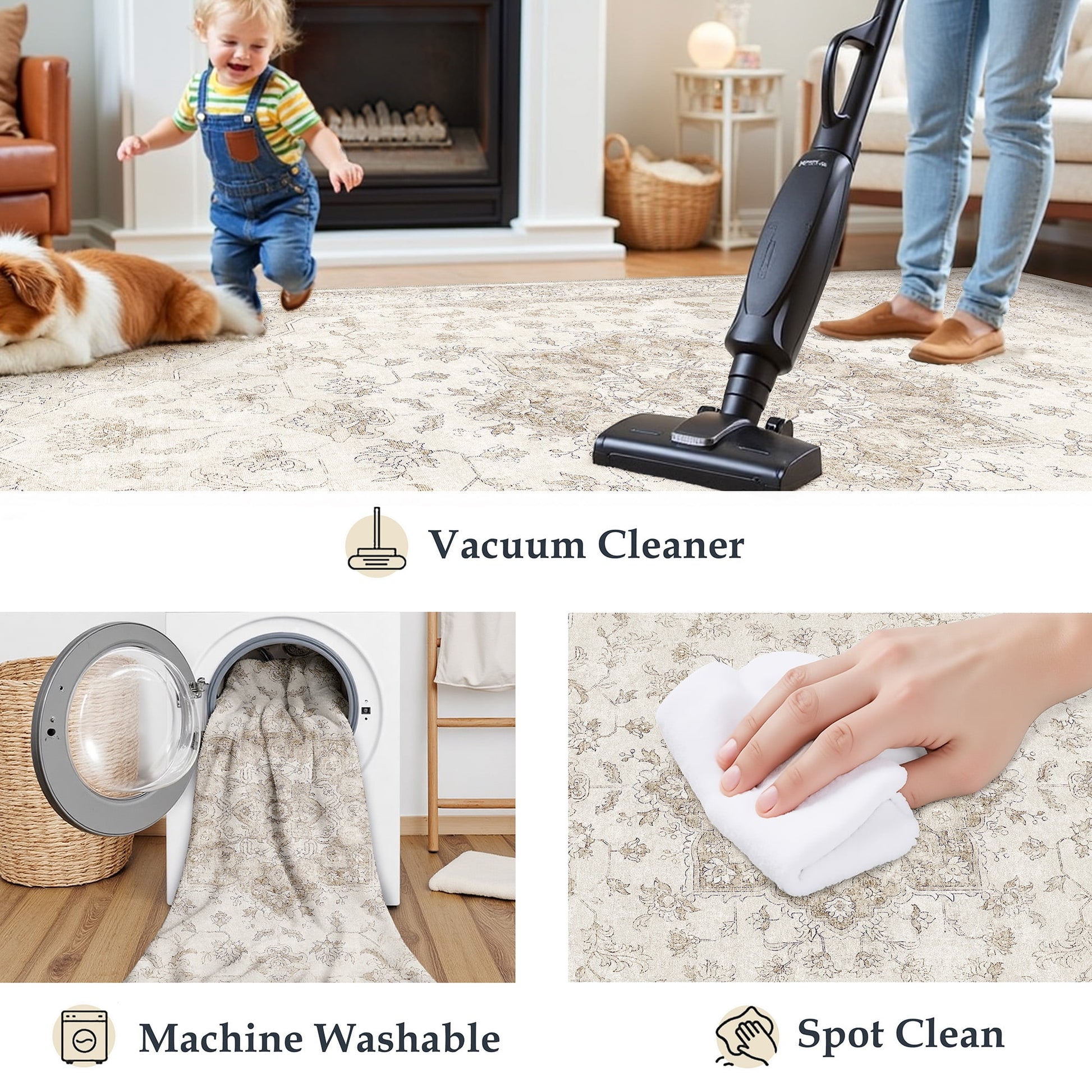 8x10 Vintage Persian Area Rug - Machine Washable, Non-Slip Design for Living Room, Bedroom, Dining Room, and Office - Beige Farmhouse Style