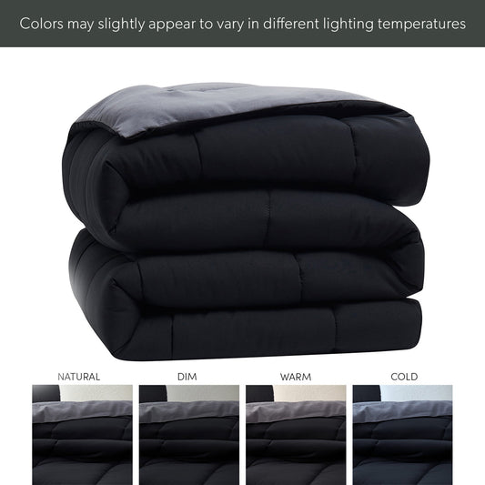 Queen Comforter Set, 3-Piece Reversible Down Alternative Bedding Ensemble in Black