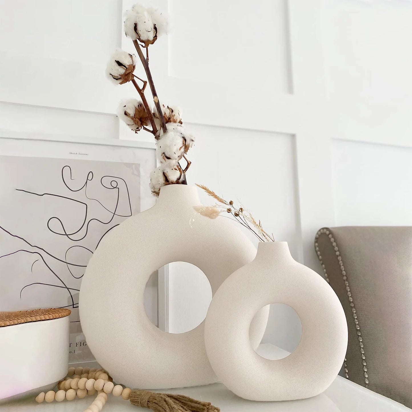 Set of 2 Modern Ceramic Donut Vases for Home Decor - White Farmhouse and Boho Decorative Vases for Bookshelf, Mantel, Table, and Fireplace